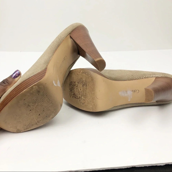 Calvin Klein | Carlly Tan Snakeskin Stacked Heels - Picture 6 of 7